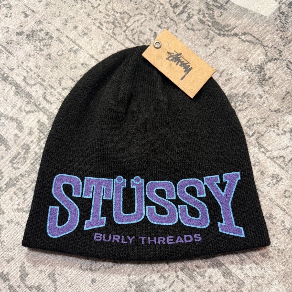 Stüssy Burly Threads Black Knit Beanie Hat Unisex Adults Solid One Size
