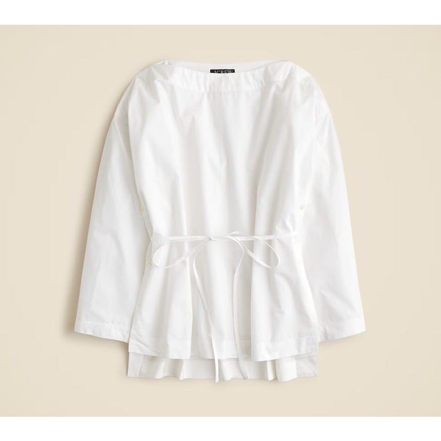 J.Crew Ciel Top WMNS M White Poplin Boatneck Side Button Waist Tie Long Sleeve