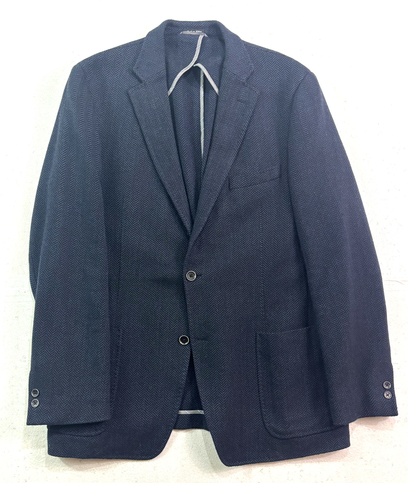 IBIZA 44L Navy Blue Herringbone Tweed Blazer Jacket Sport Suit Coat Wool Soft