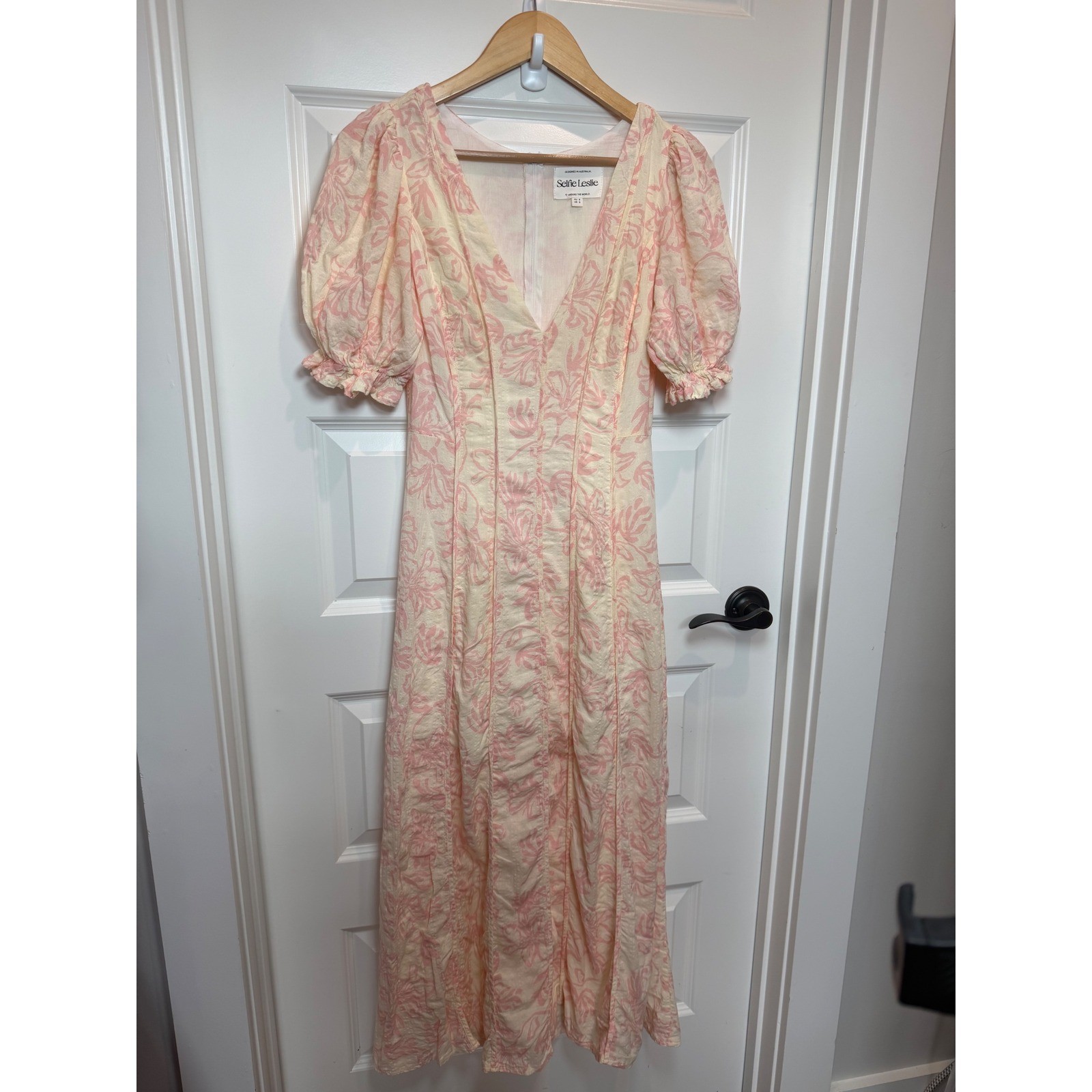 Selfie Leslie Pink Floral Puff Sleeve V-Neck Midi Dress Womens Small AU 8 US S
