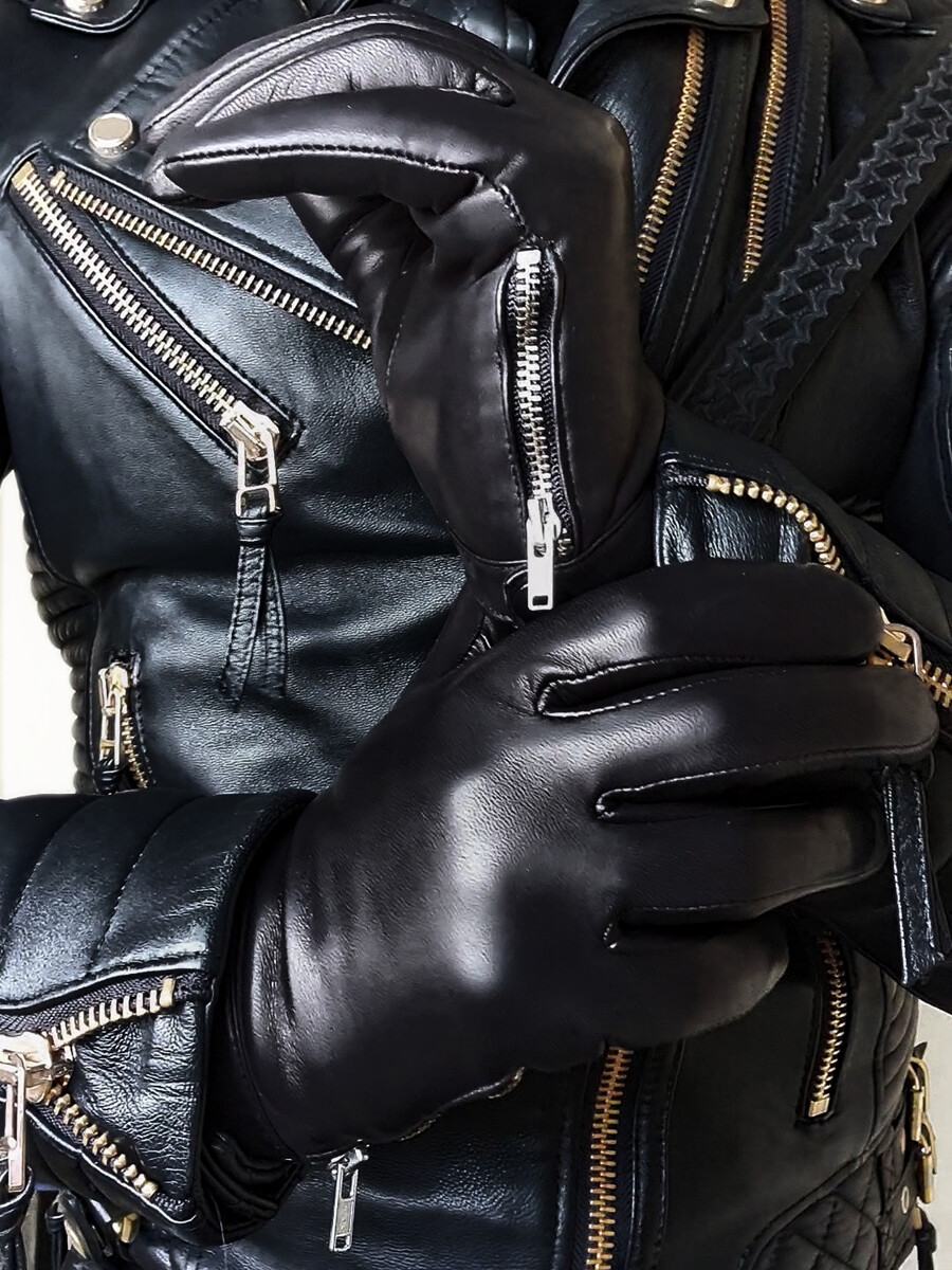 Men Side Open Zipper With Button Lambskin Real Leather Black Gloves