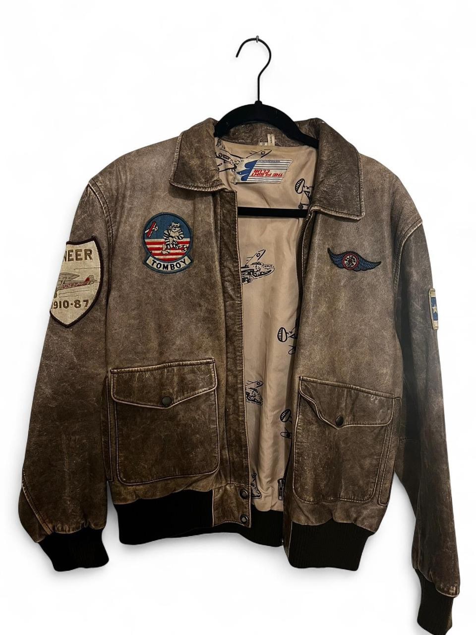 Vintage The Flight Club Bomber Aviator Pilot Brown Leather Jacket Small