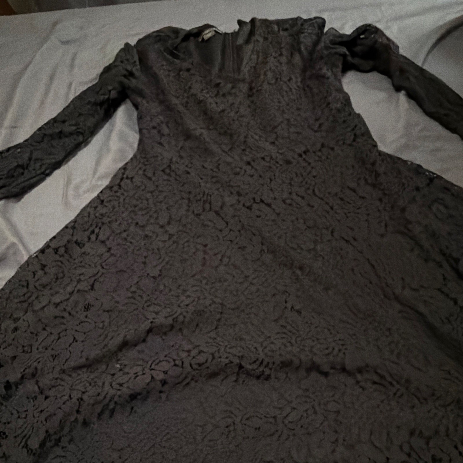 Women’s Black Floral Lace Fit & Flare Knee Length Dress Long Sleeve Round S