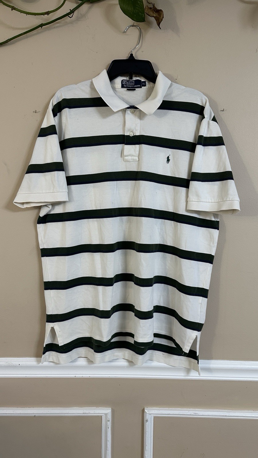 Men’s XL Striped Knit Polo Shirt White Green Blue Logo