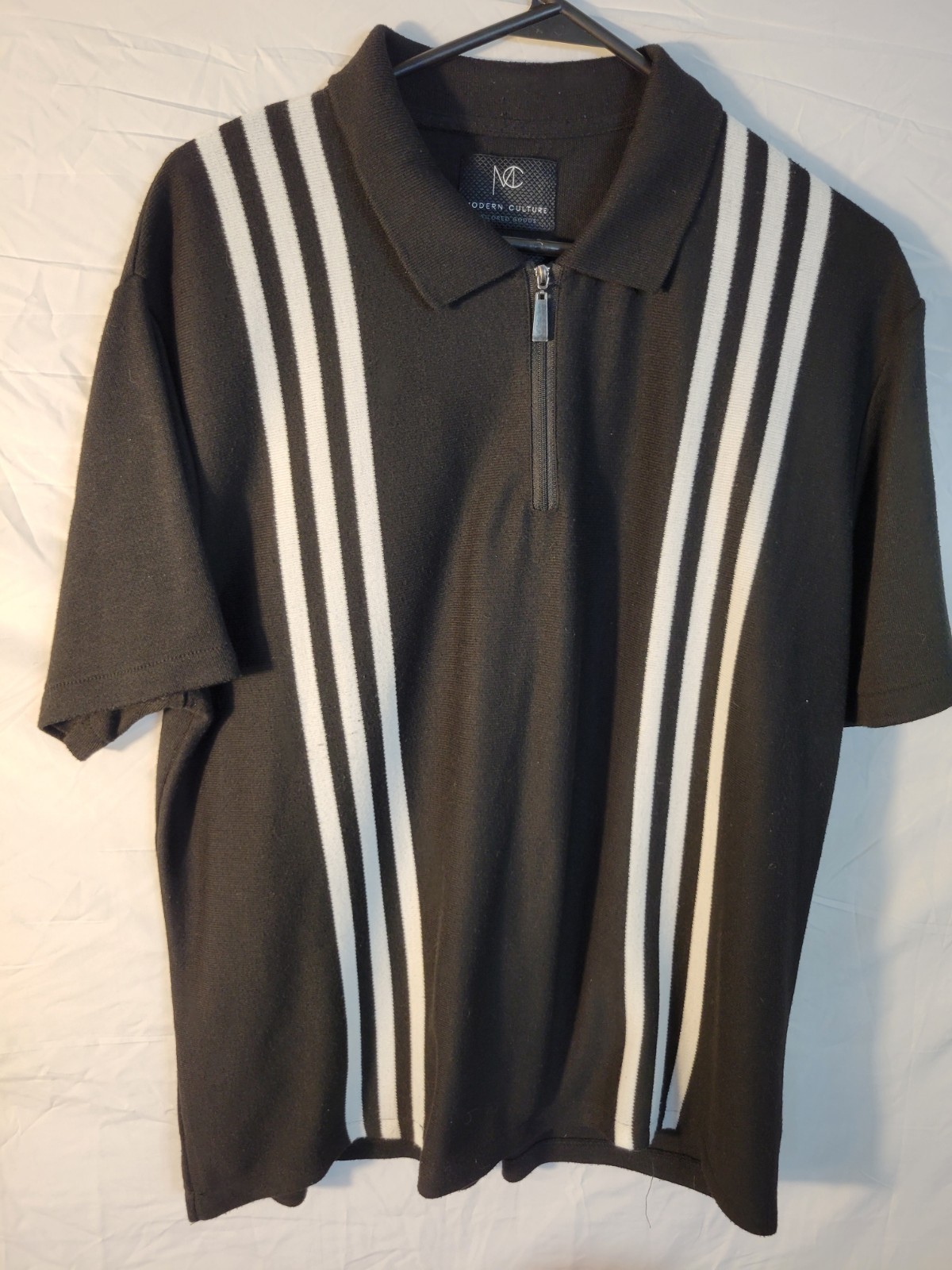 Modern Culture Black/White Striped 1/4 Zip Polo Shirt Men’s L Short Sleeve