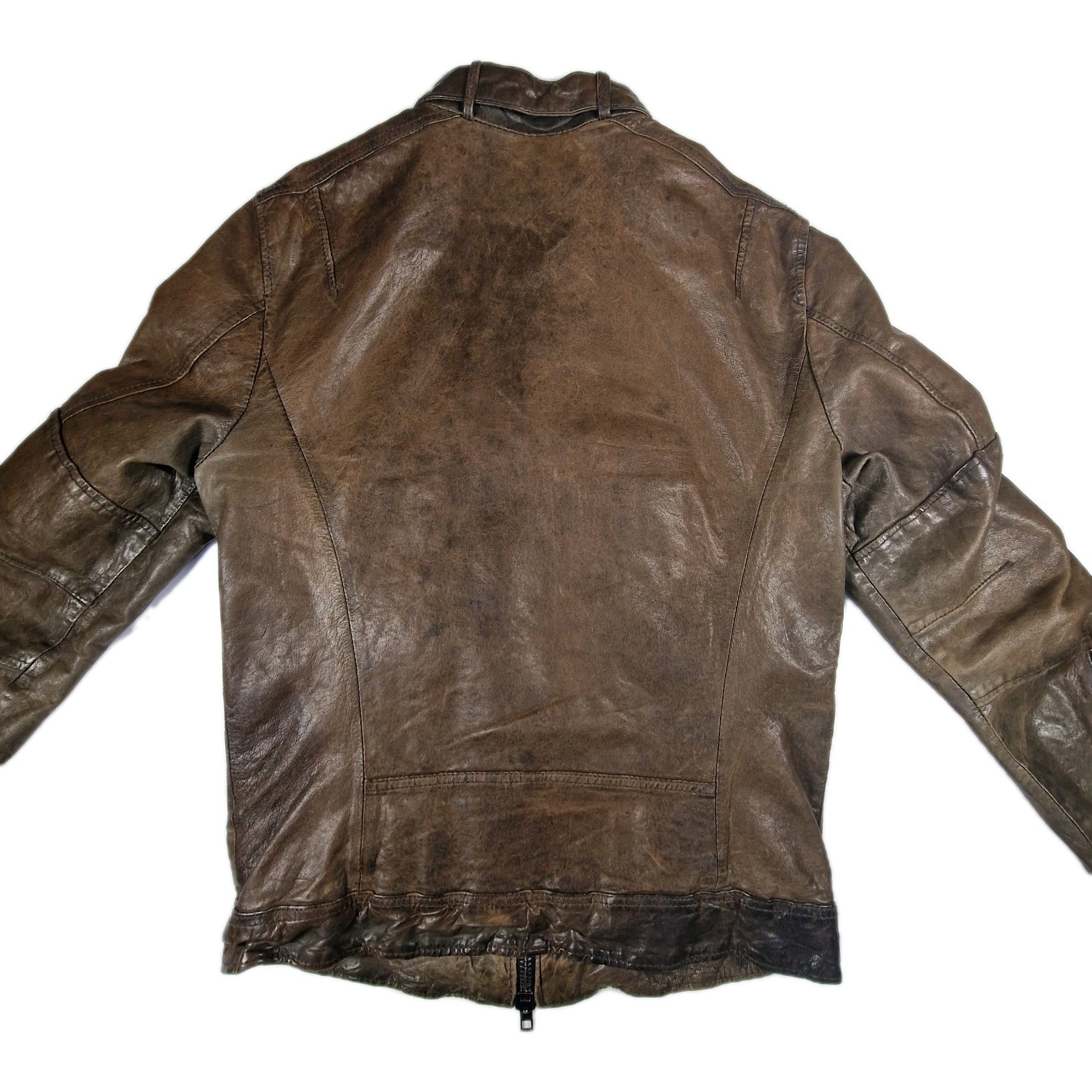AllSaints Spitalfields Brown Distressed Leather Biker Jacket Mens Medium Pockets