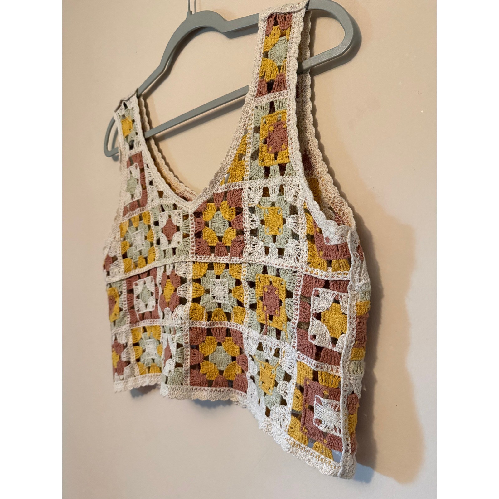 Granny Square Crochet Crop Tank Top Multi Color Boho S/M