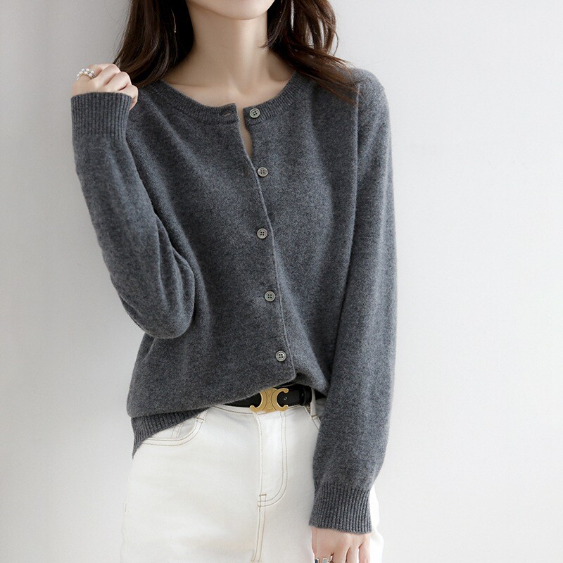 Women Cardigan Solid Color Sweater Cashmere Blend Simple Crew Neck Jacket Coat