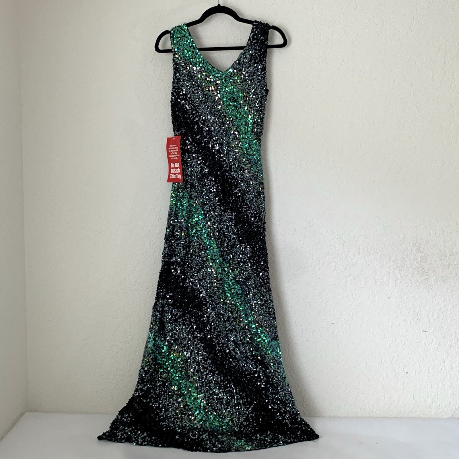 NWT Marina Gown 8 Black Green Sequin 100% Silk Maxi Dark Romantic Glam Prom