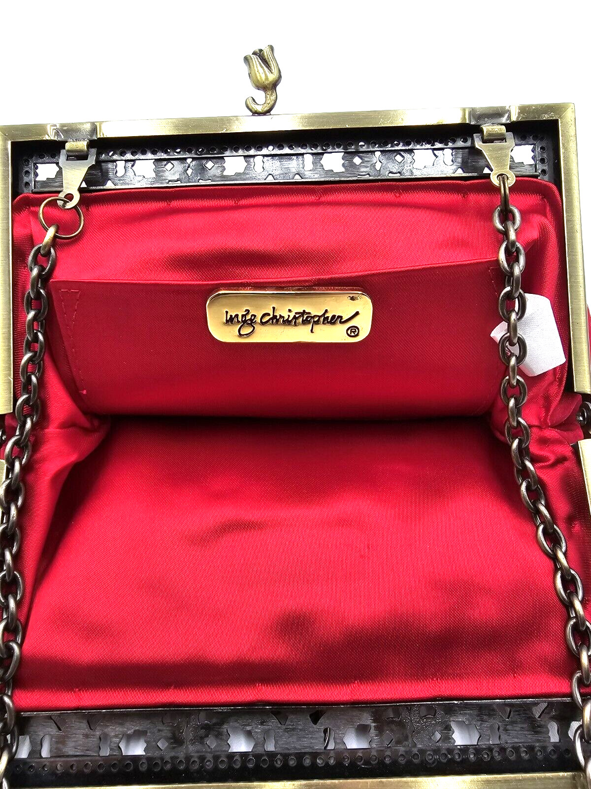 Inge Christopher Luxury Evening Mini Beaded Bag Brass Chain Strap Copper Red