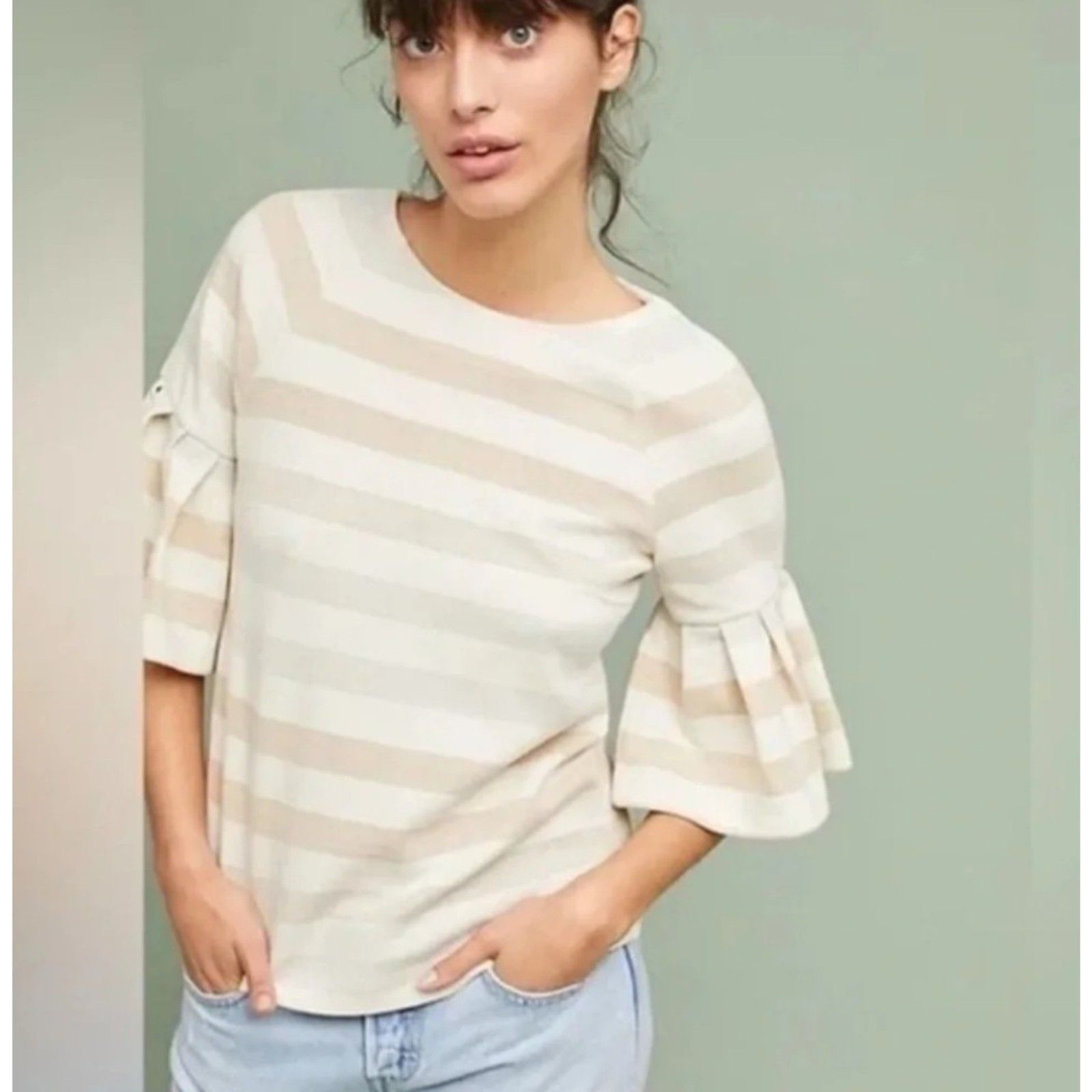 Maeve by Anthropologie Sparkle Stripe Flutter Sleeve Top | Size Med
