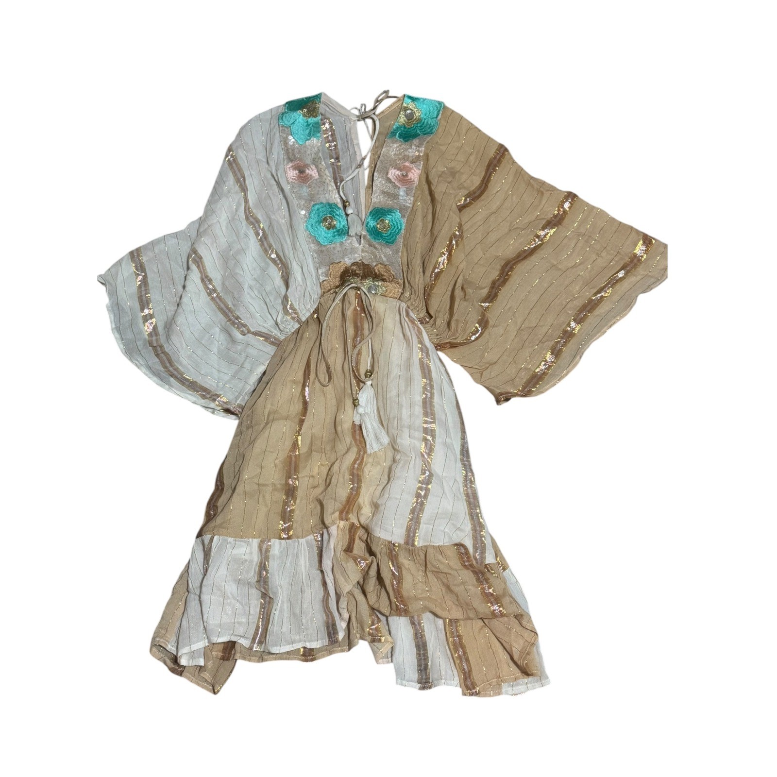 Ananta Boho Floral Embroidered Sequin Kimono Sleeve Tassel Mini Dress SzM Fairy