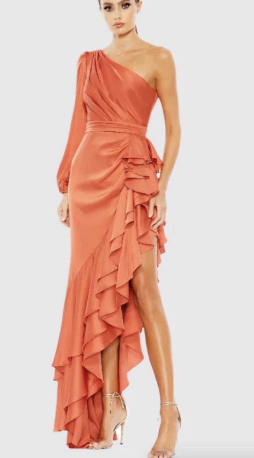Mac Duggal Orange Solid One-Shoulder Cut-Out Satin Ruffle Long Maxi Dress 12$398