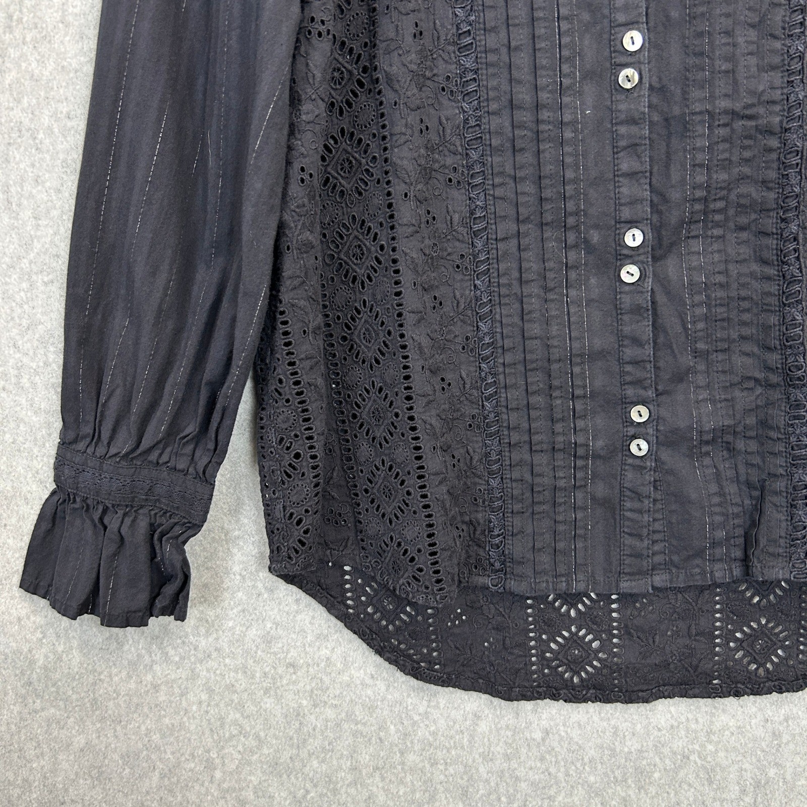 Sundance Sz Medium Blouse Black Eyelet Embroidered Pintuck Dark Romance Cottage