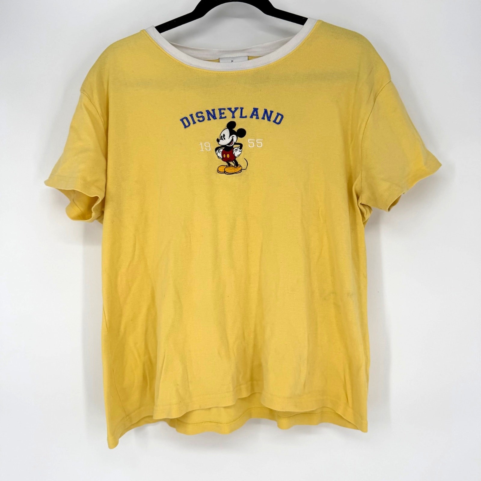 Vintage Disneyland Mickey Mouse 1955 Yellow Ringer T-Shirt XXL Embroidered 90’s