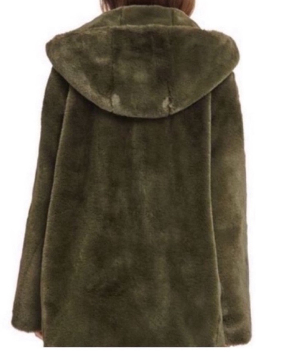 DKNY Olive Green Faux Fur Hooded Shawl Collar Coat
