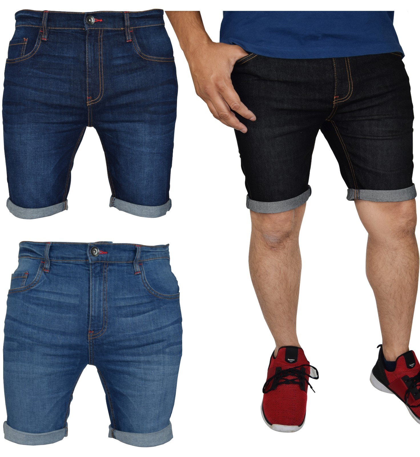Mens Denim Chino Shorts Super STRETCH Skinny Slim Summer Half Pant Cargo Jeans