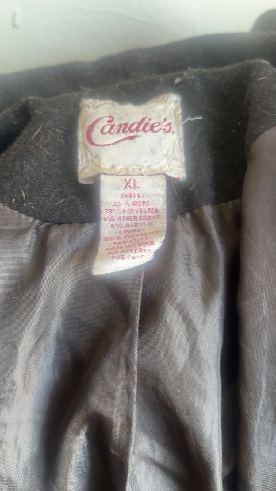 Candie’s Women’s Pea Coat Black XL Collared Button Lined Mid-Length Wool Blend