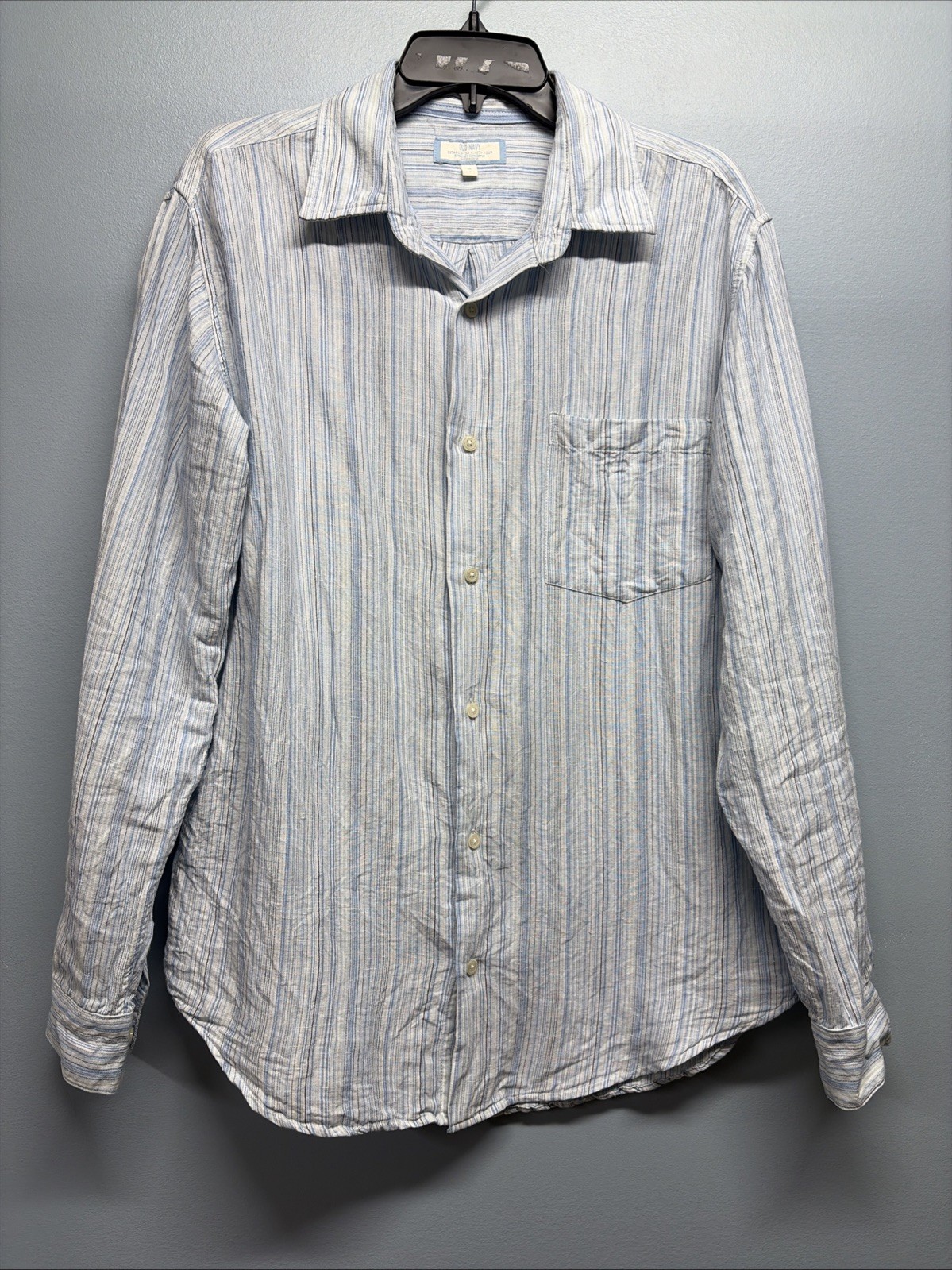 VTG Old Navy Men’s Sz Medium Linen/Cotton Blend Shirt Blue Striped Button-up Y2K