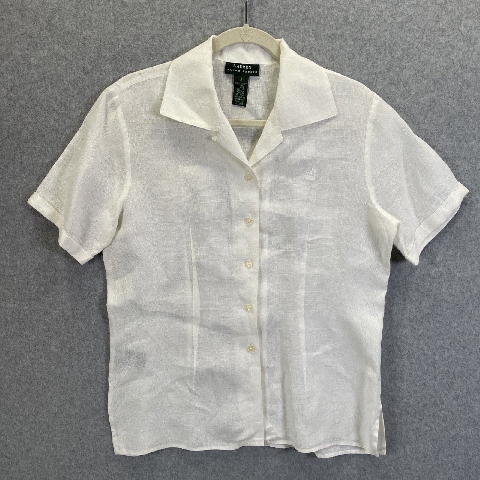 Lauren Ralph Lauren Womens Sz 8 White Linen Short Sleeve Button Up Shirt Logo