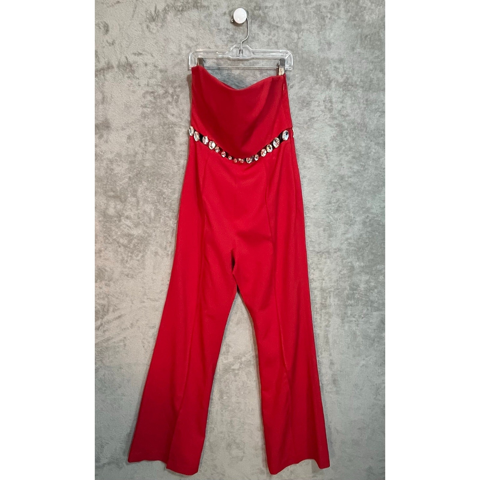 Retrofete Jumpsuit Medium Fiery Red Rhinestone Belt Glam Bling Formal NWT