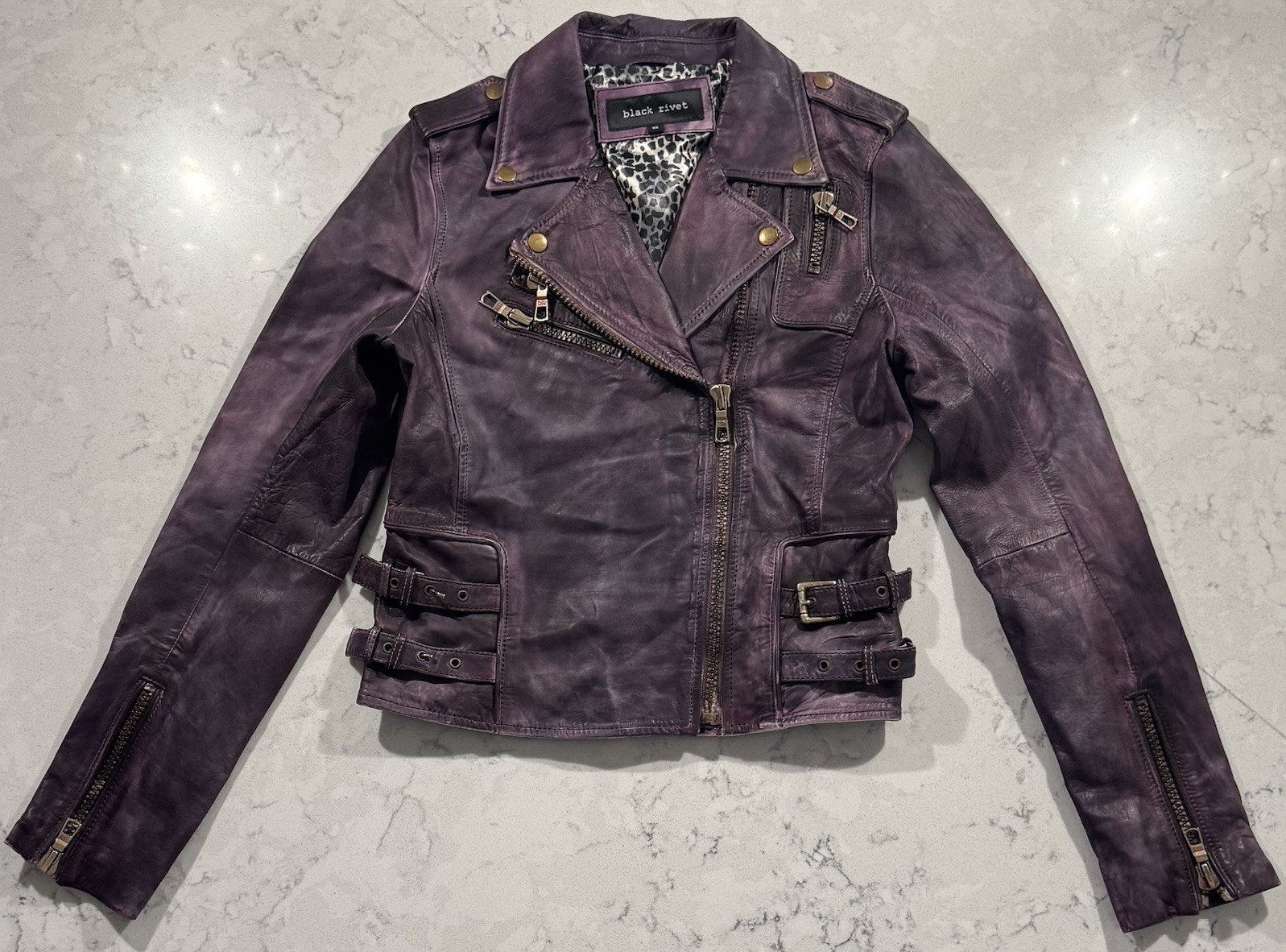 Black Rivet Genuine Leather Moto Jacket Womens XS Purple Distressed Biker Chic