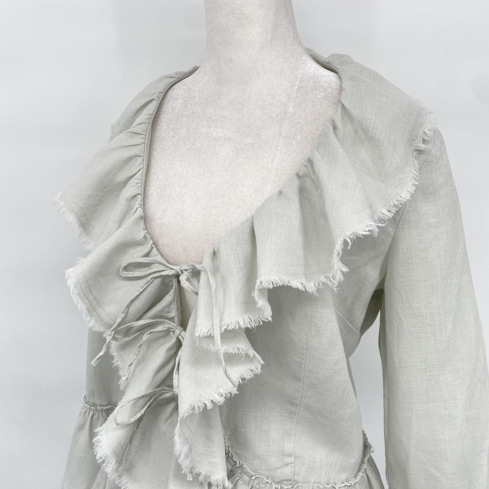 Grace Elements Blouse Womens 8 Gray 100% Linen Ruffle Tie Front Boho Art to Wear