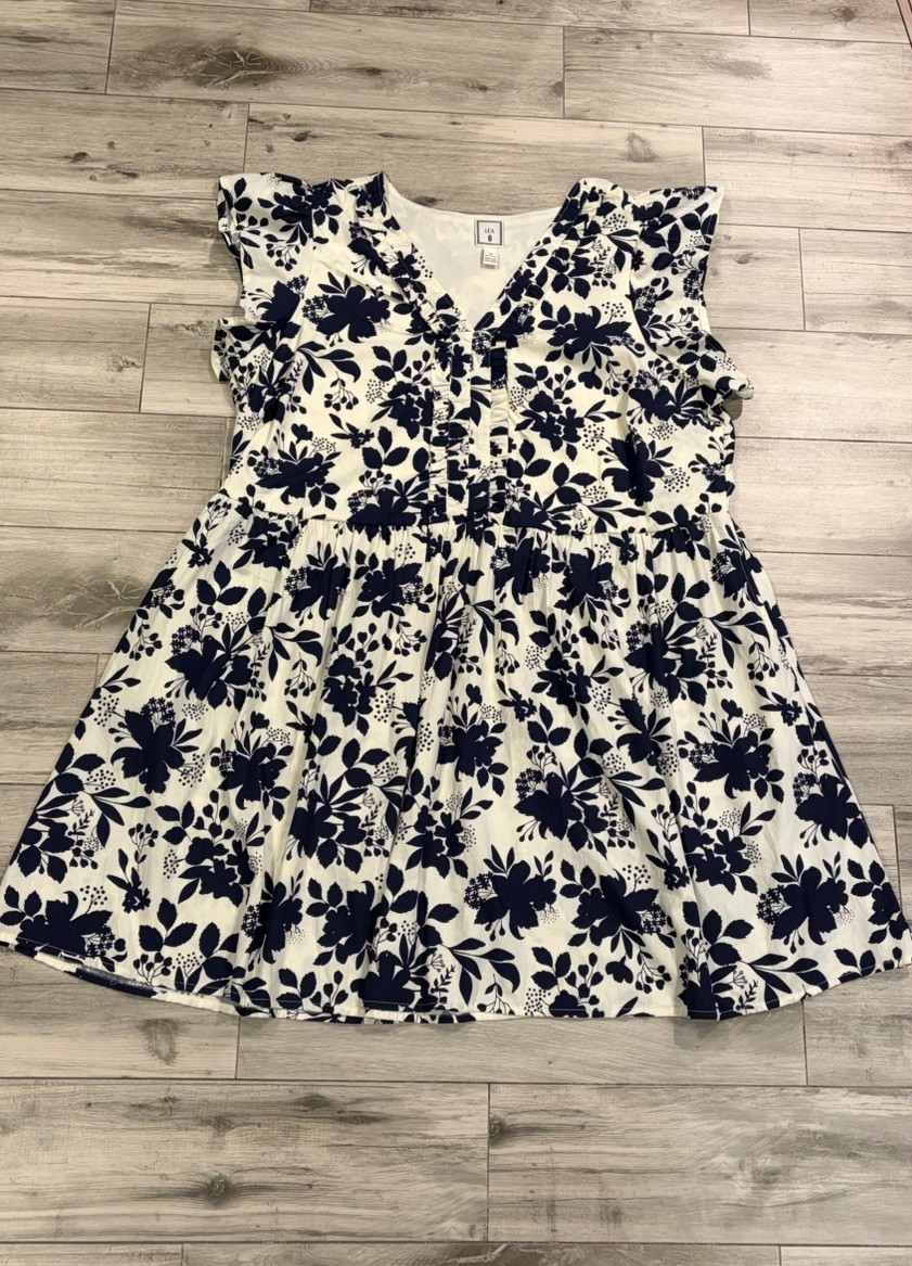 NWT LEA Cotton Boho Black Ivory Floral Flare Sleeve Midi Dress Size 3X Pockets