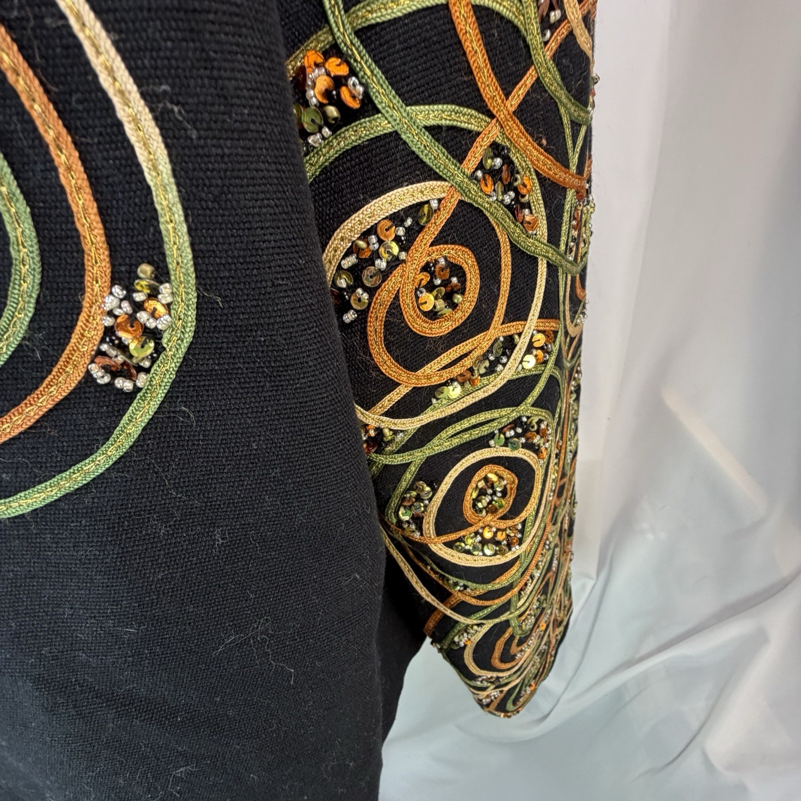 ANAGE Jacket Blazer Black Spiral Ribbons Gold Tones Beaded Artsy XL Unique