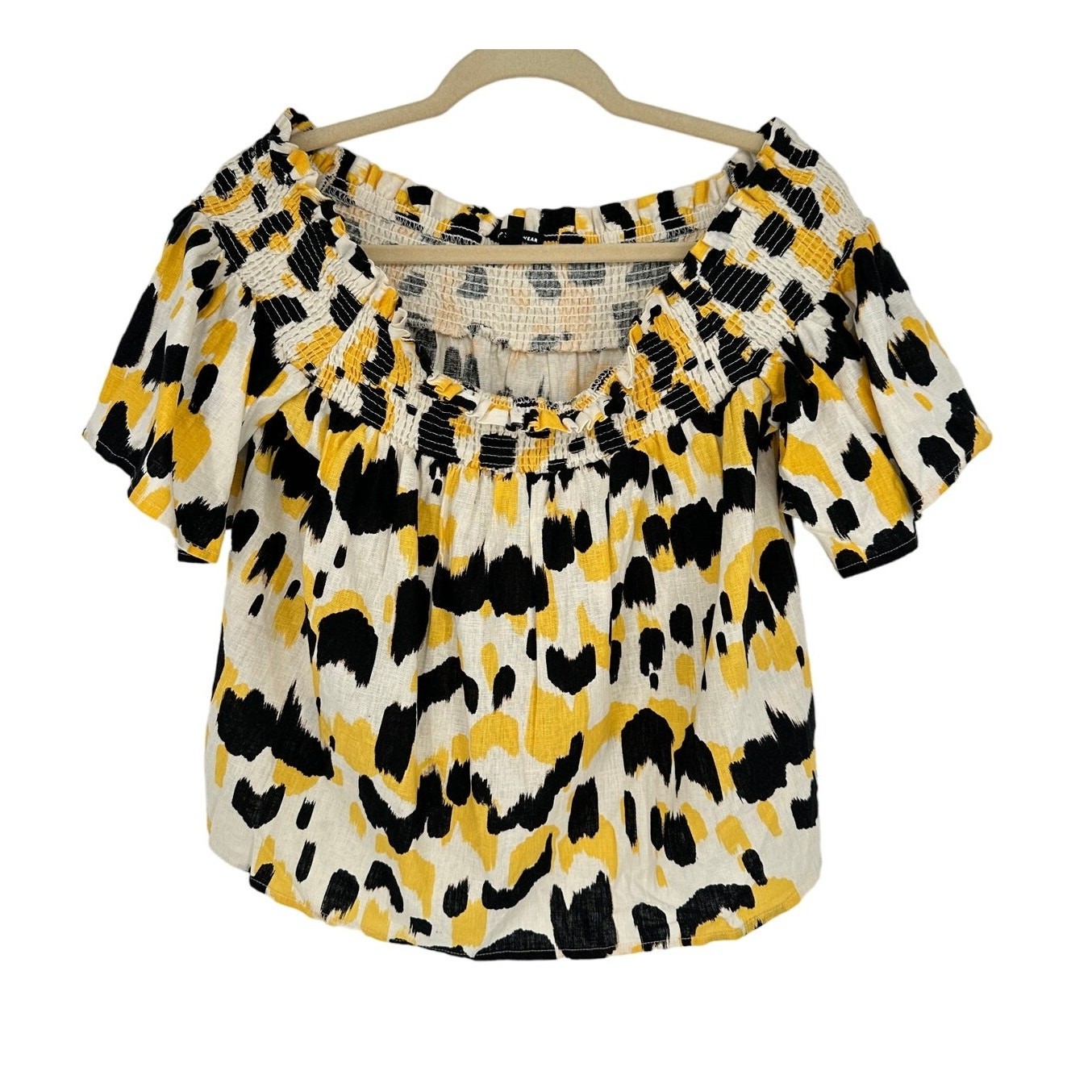 Who What Wear Linen Crop Top Yellow Animal Print Ruffled Off Shoulder Women’s L
