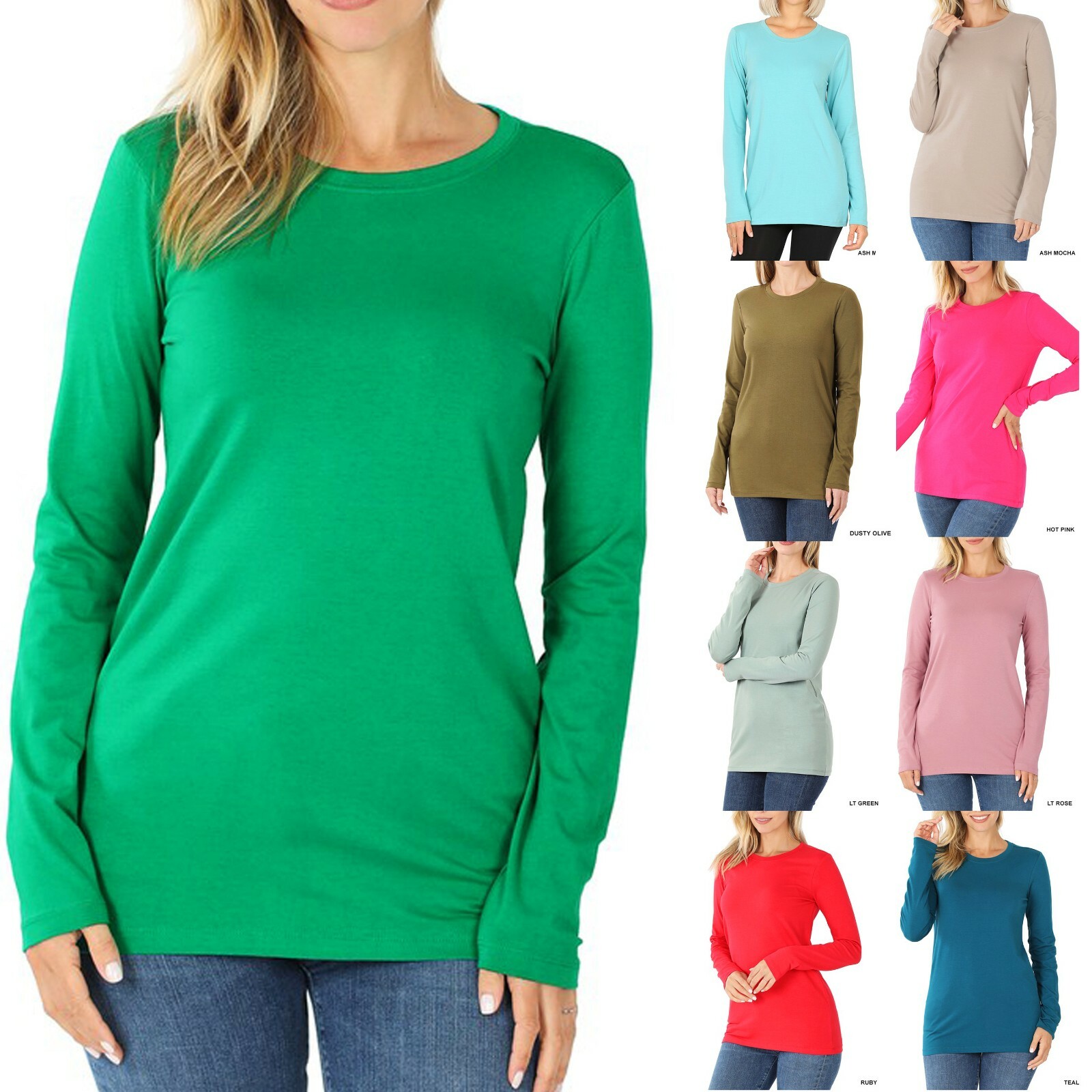 Womens Cotton T-Shirt Crew Neck Stretch Casual Tunic Long Sleeve Plain Basic Top