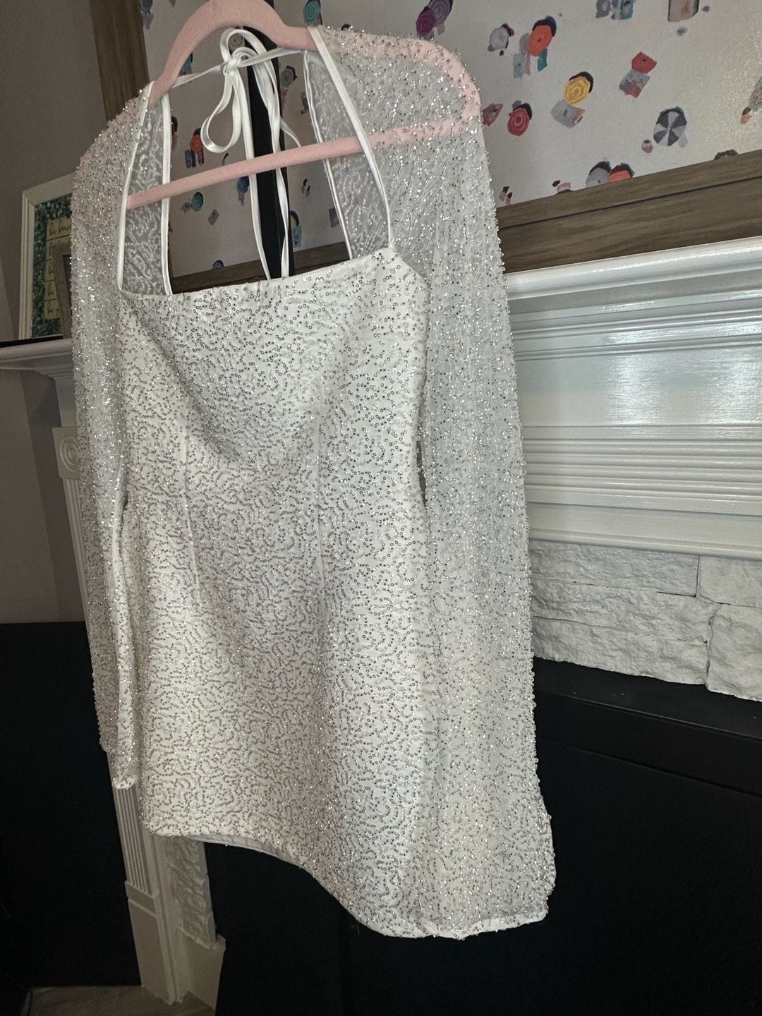 Stunning NWT Babyboo Annabelle Mini Dress Ivory Sparkle Long Sleeve Lace-Up Back