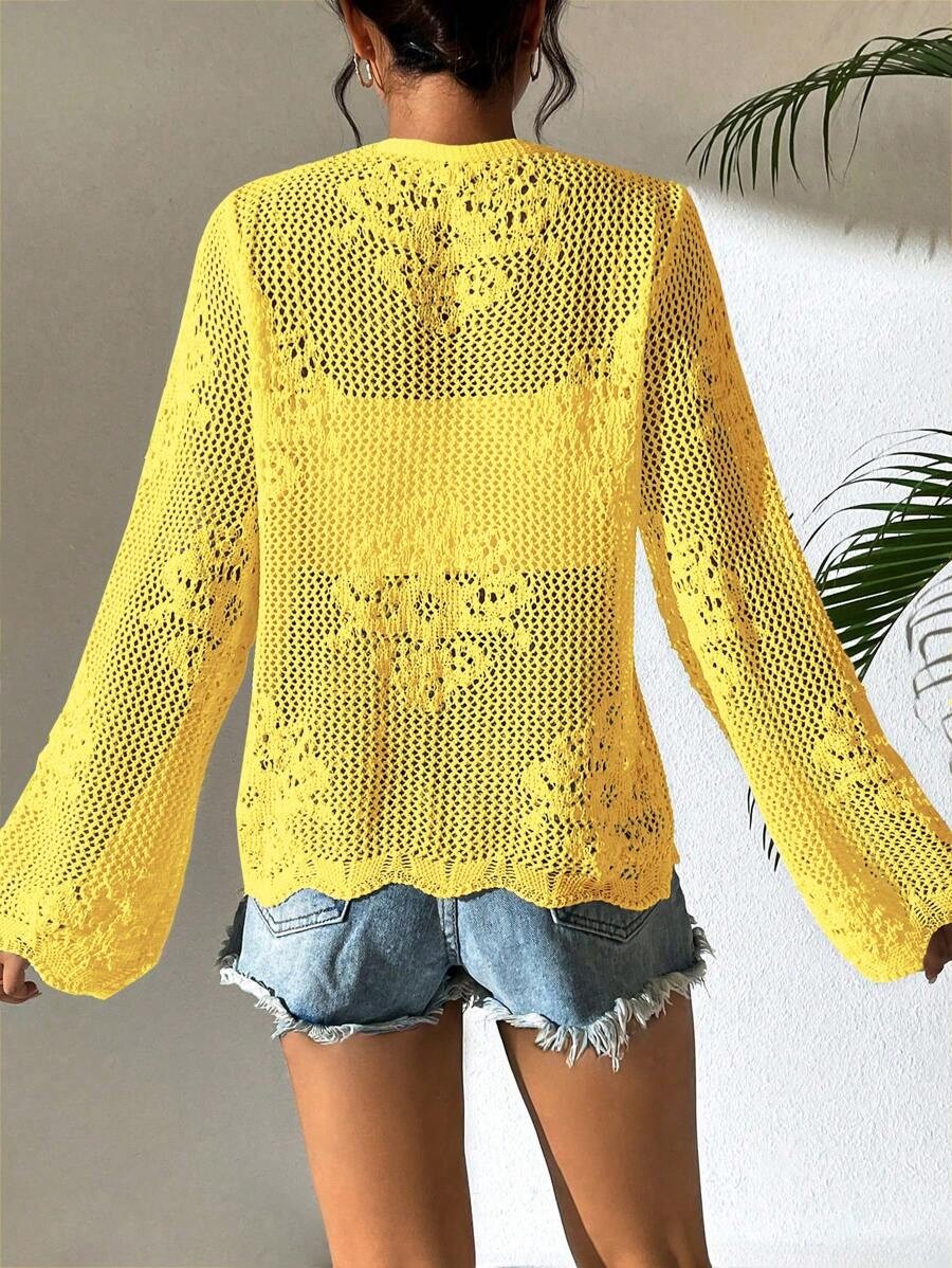 Women’s White Tie Front Cardigan Openwork Crochet Beach Cover Up Sweater