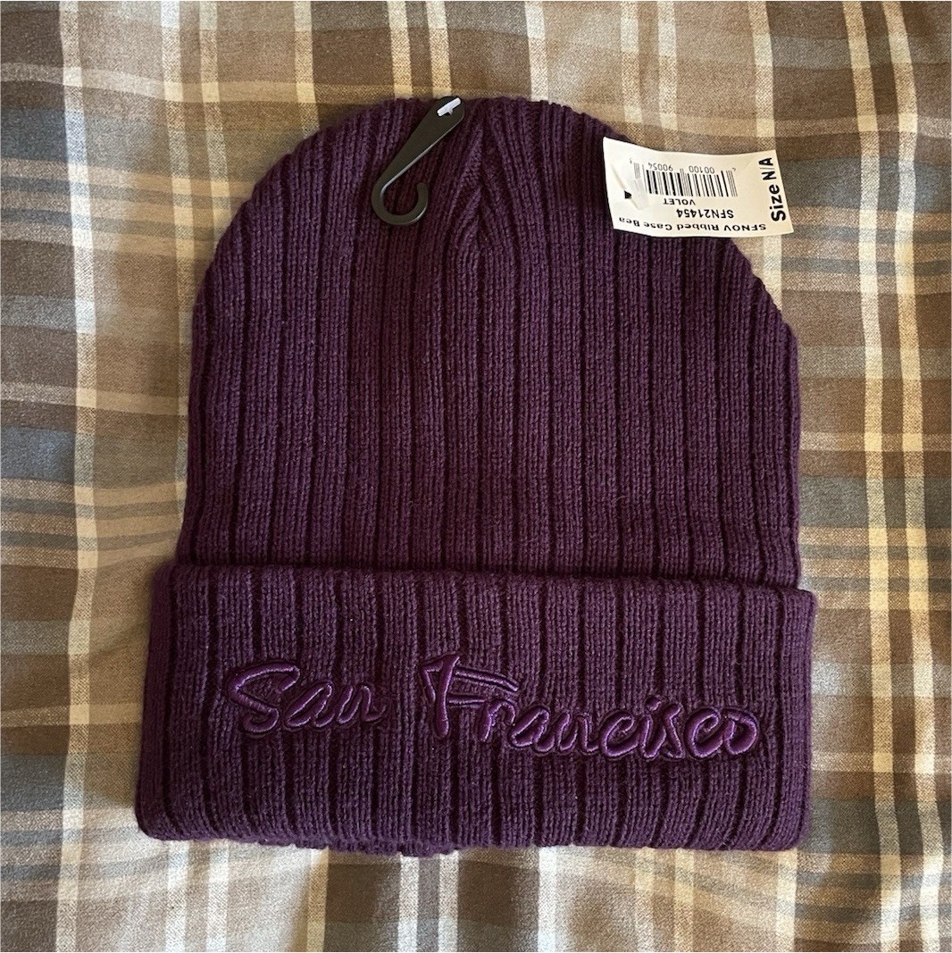 Purple Ribbed Knit Cuffed Beanie Hat San Francisco Embroidered One Size