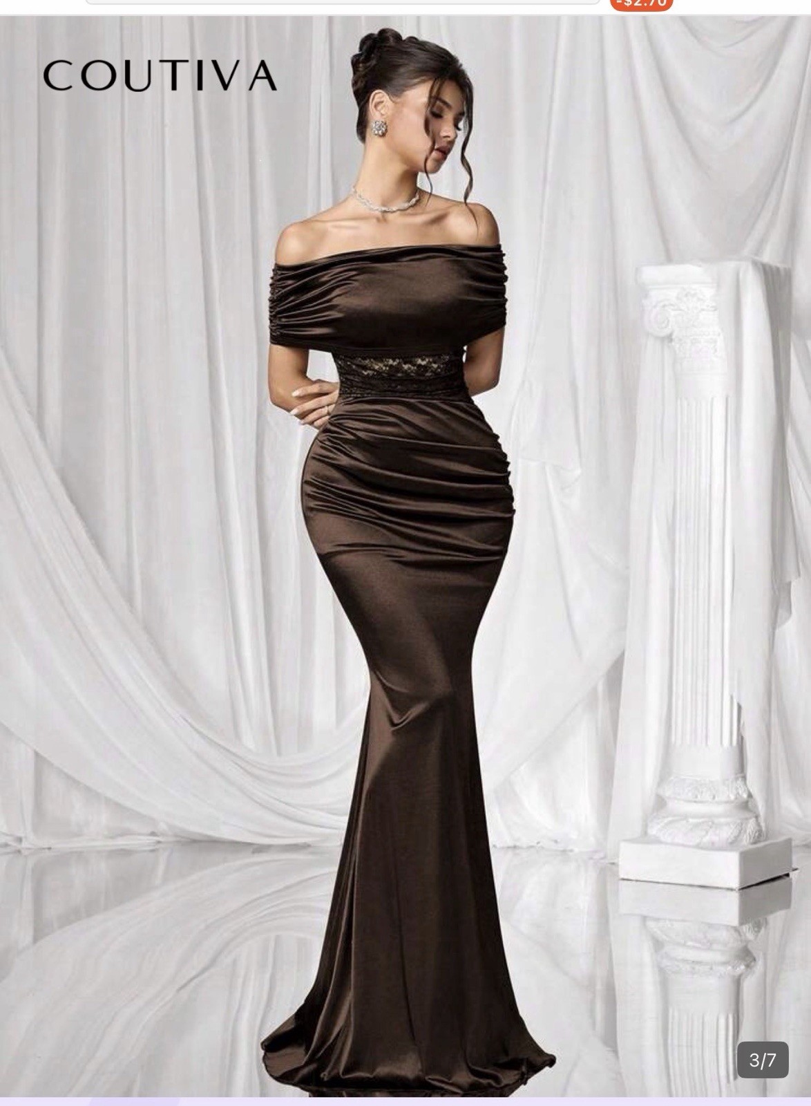 COUTIVA Women’s Brown Solid Ruched Satin Mermaid Maxi Dress Short Sleeve XL