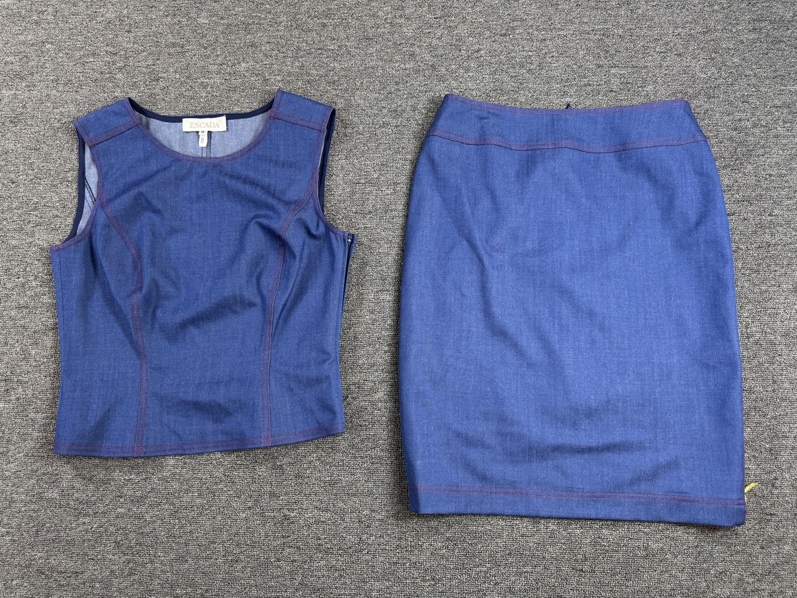 Escada 2 Piece Skirt Set Womens Small 36 Blue Wool Tank Pencil Lined Workwear