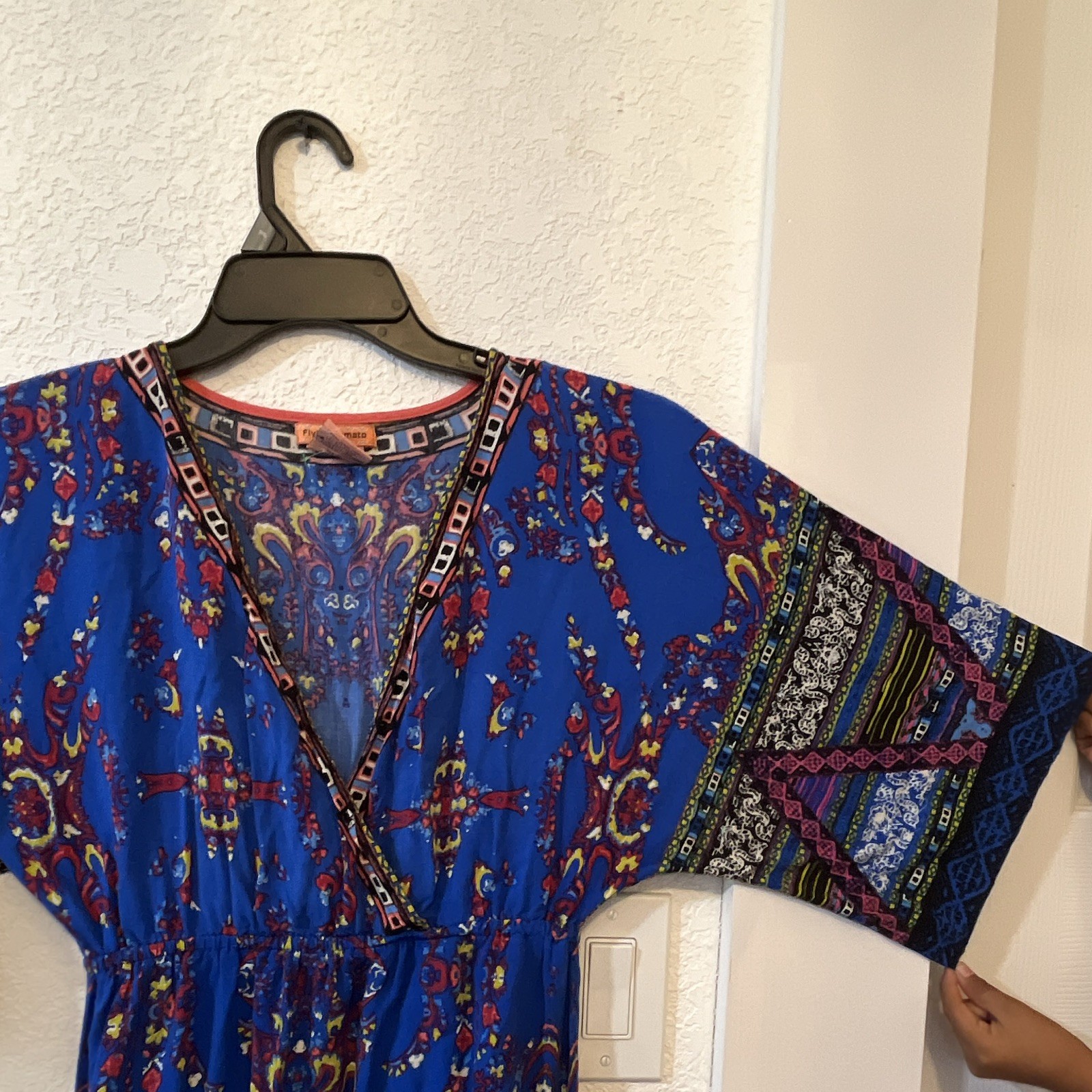 Flying Tomato Paisley Blue/Multicolor V-Neck Kimono Sleeve Maxi Dress M