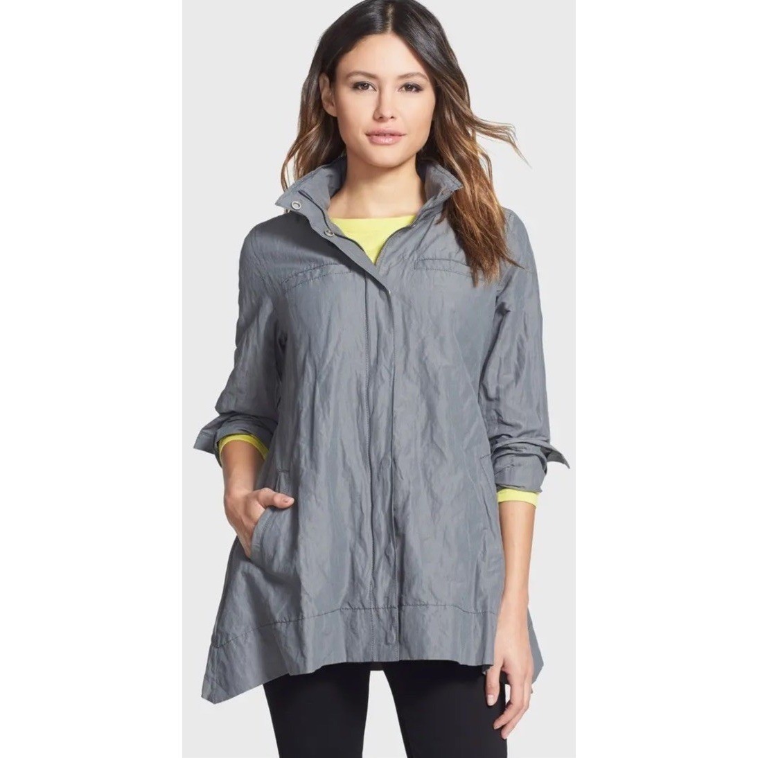 Eileen Fisher Hooded Rain Jacket Womens S Petite Gray Full Zip Snap Lightweight