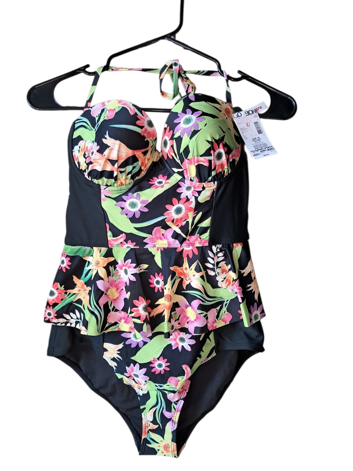 Womens One Piece Swimming Suit Peplum Tropical Floral Strapless Bongo Tag $40