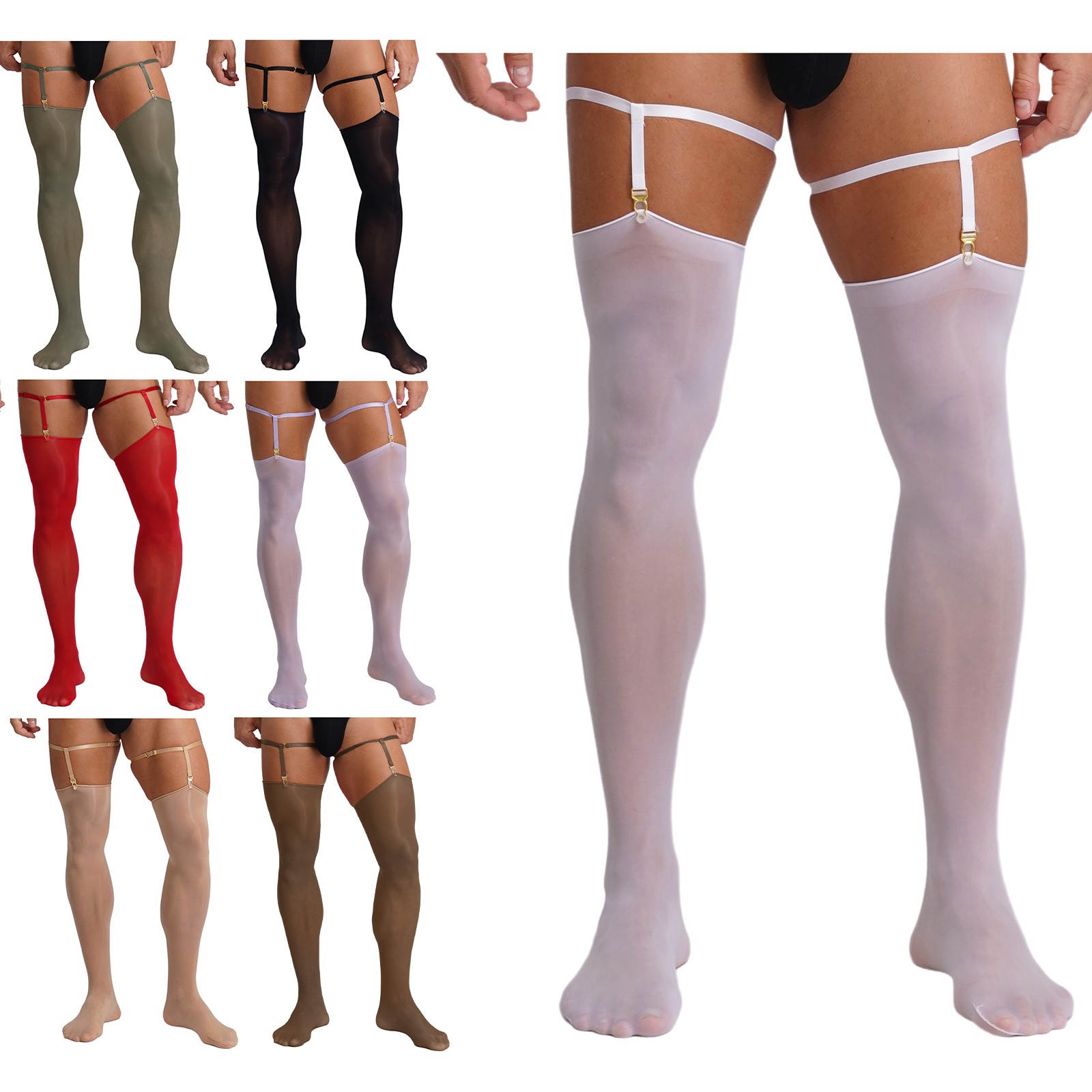 Mens Sexy Sissy Nylon Tights Sheer See Through Stockings Thigh High Suspender