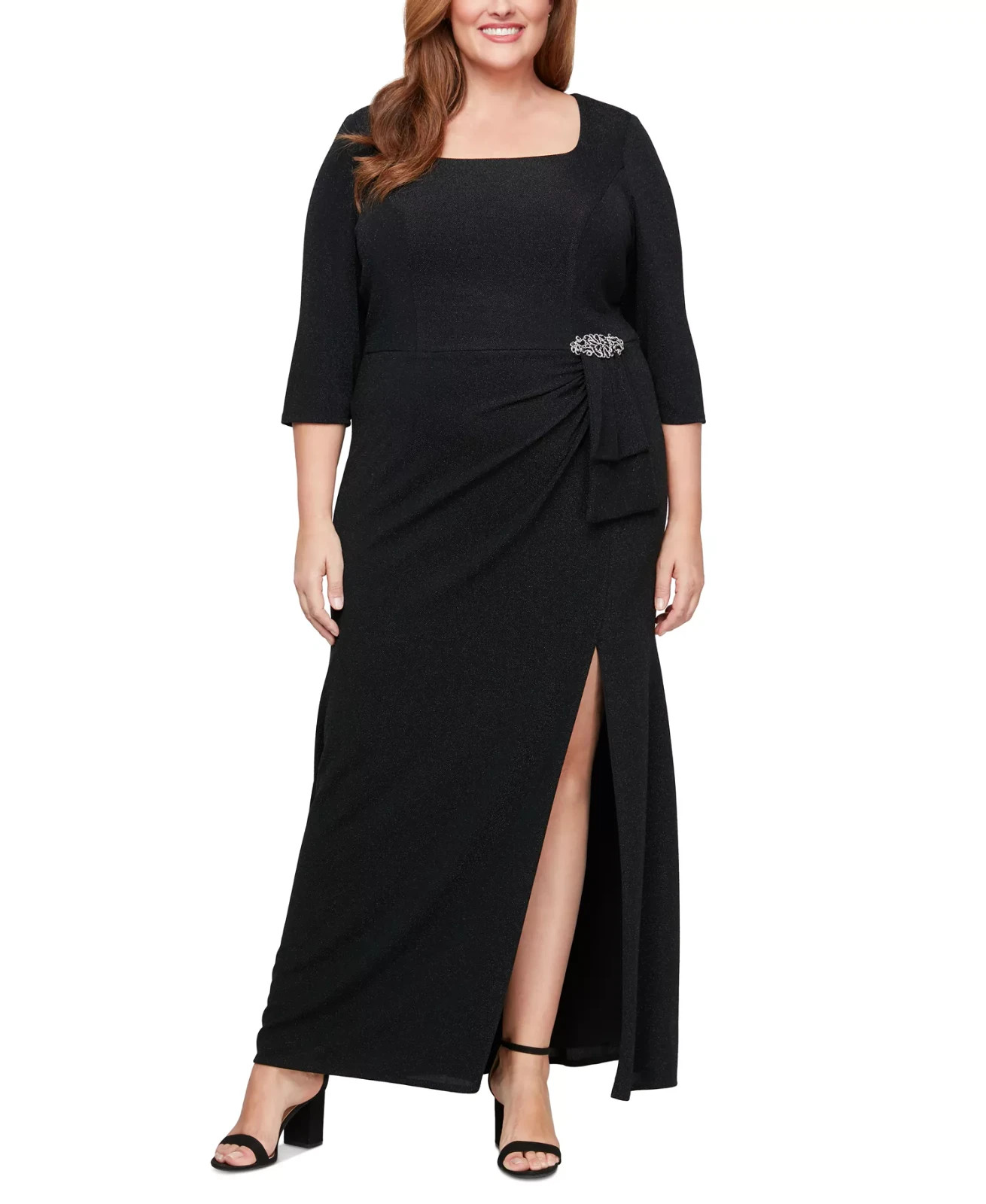 Alex Evenings Plus Size 14W Metallic Square Neck Gown In Black $219