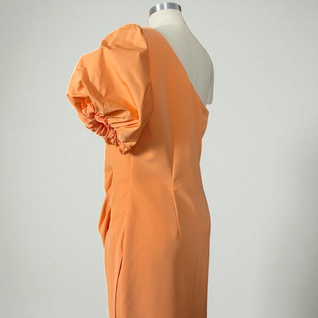 Ralph Lauren Annona One Shoulder Orange Puff Sleeve Midi Cocktail Dress 10