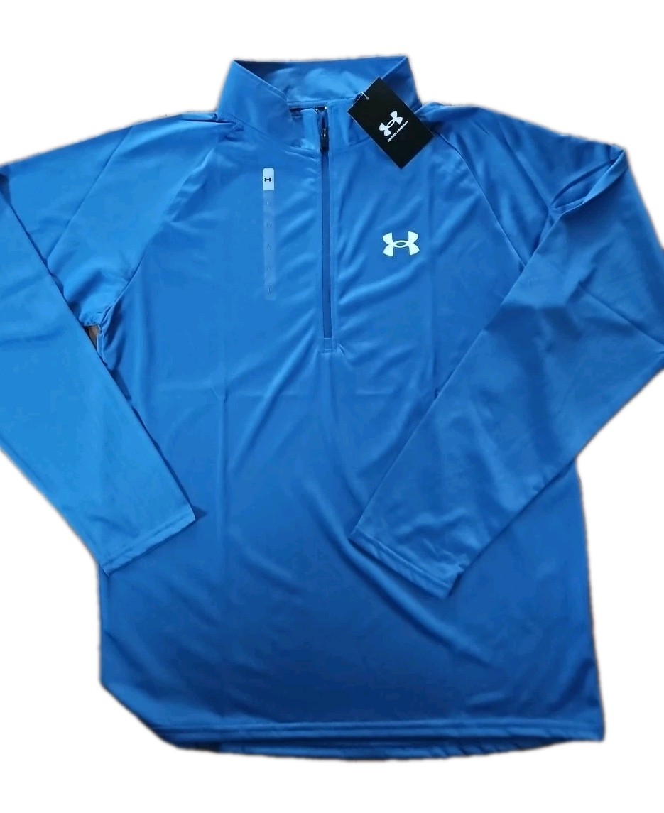 Under Armour Mens Heat Gear Long Sleeve 1/2 Zip Stretch Shirt Blue Medium New.