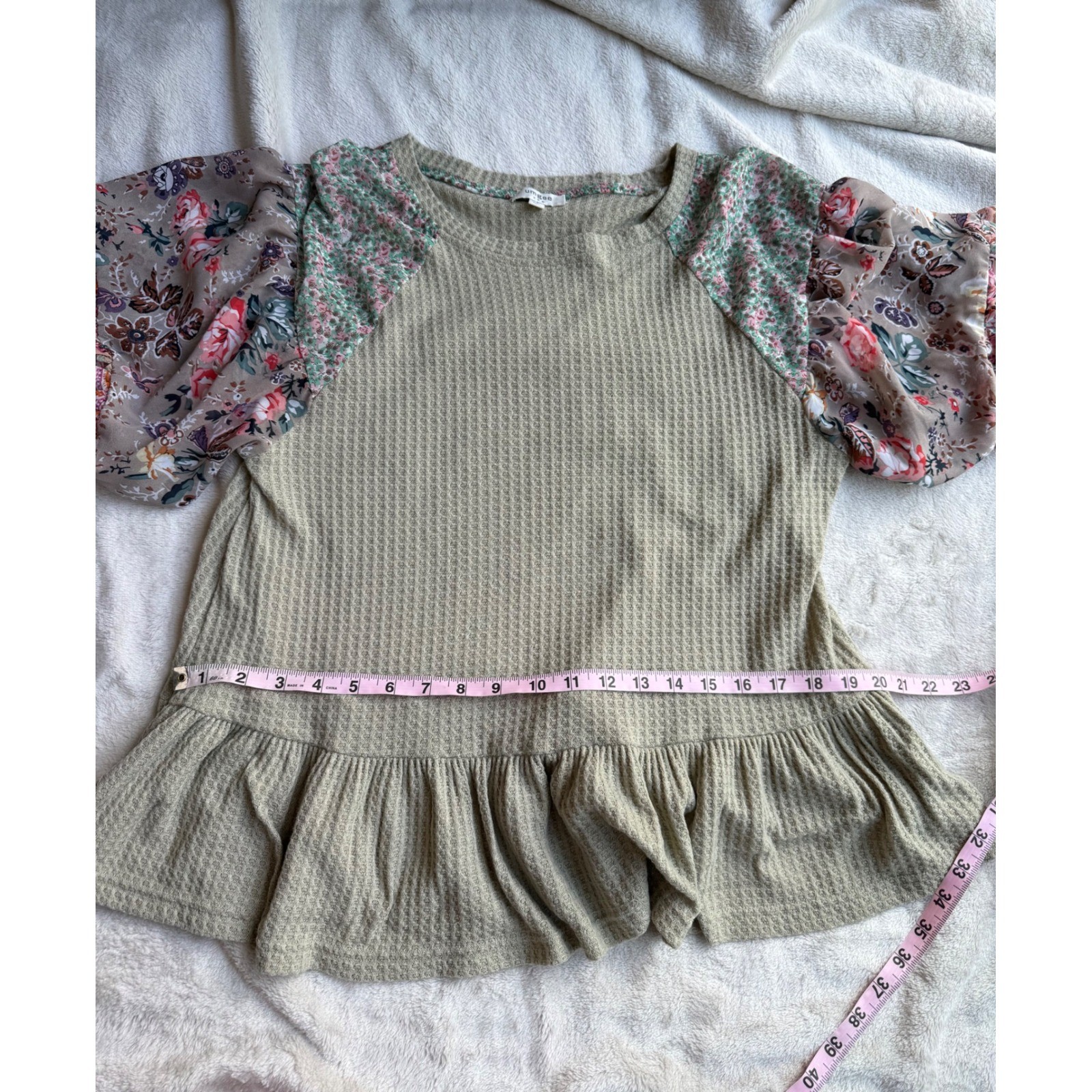 Umgee Sage Green Waffle Knit Mixed Floral Paisley Bell Sleeve Peplum Top Small