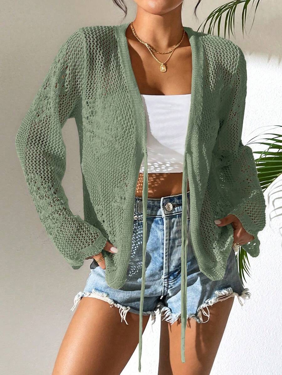 Women’s White Tie Front Cardigan Openwork Crochet Beach Cover Up Sweater