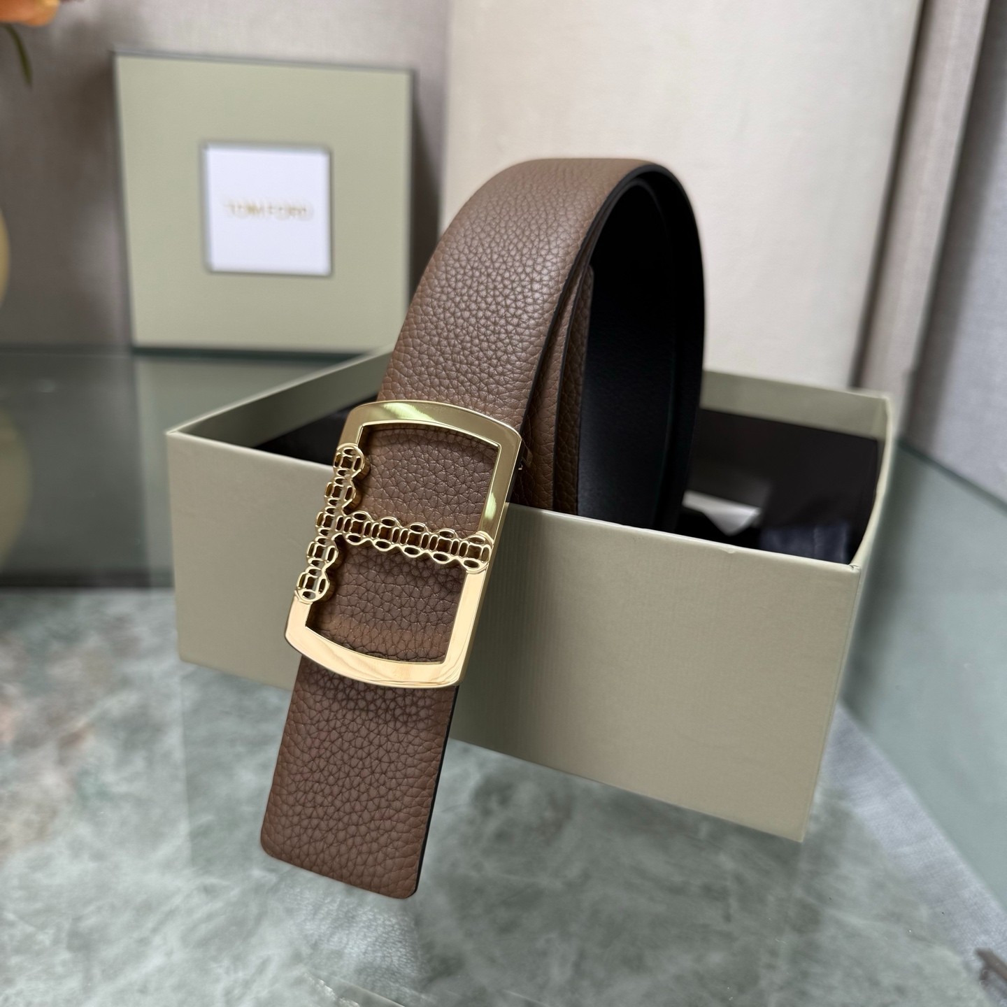 Authentic Tom Ford Reversible Leather T-Buckle Belt Luxury Designer Fashion