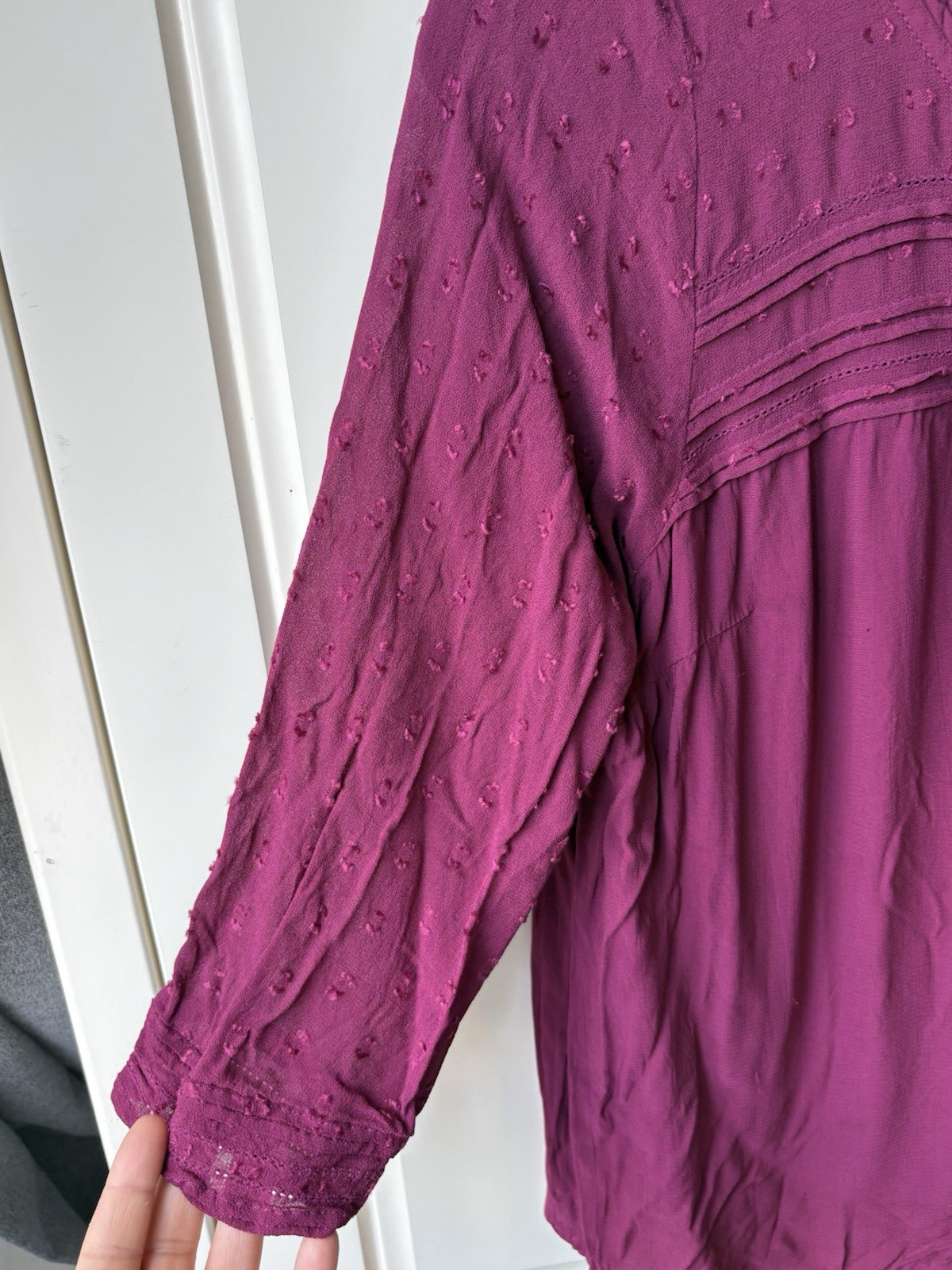 White Stuff Top UK 14 Purple Plum Textured Smock Blouse 3/4 Sleeve Pleated