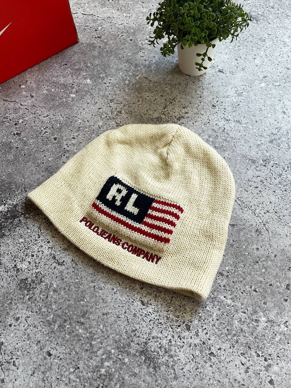 Vintage Polo Jeans Company RL USA Flag Knit Beanie Hat Cream One Size
