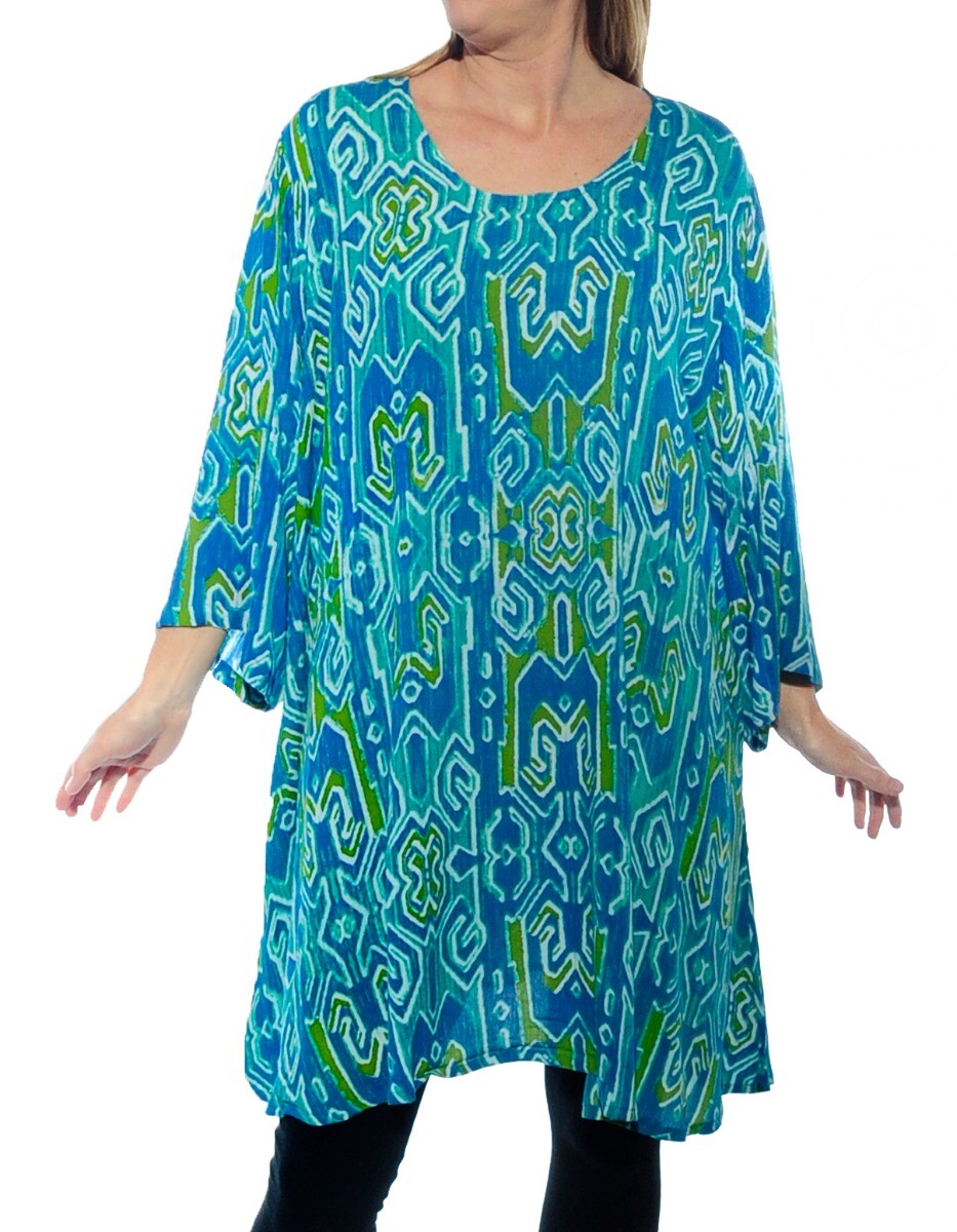 WeBeBop TRIBAL SPIRIT Blue Green White Crinkle Rayon Swing Top