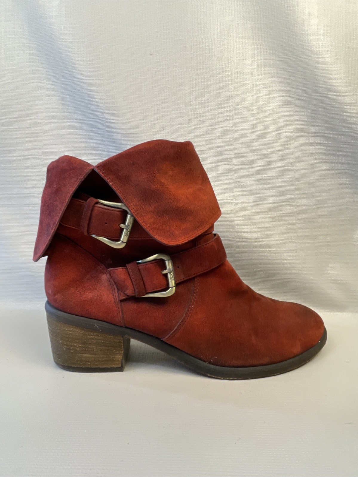 Donald J Pliner Moto Boot Size 10 M Mid Calf Distressed Red Suede Buckle Foldup